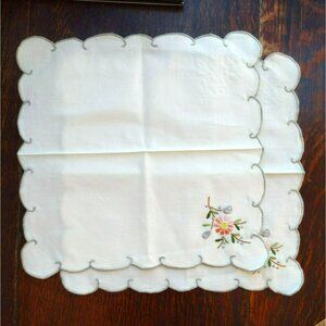 Vintage Hand-Embroidered Floral Linen Table Mats Set Of 2 Doilies Scalloped Edge